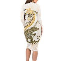 Gold Maori Tuatara Long Sleeve Bodycon Dress Luxury Pastel Pattern