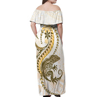 Gold Maori Tuatara Off Shoulder Maxi Dress Luxury Pastel Pattern LT01 - Polynesian Pride