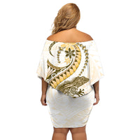 Gold Maori Tuatara Off Shoulder Short Dress Luxury Pastel Pattern LT01 - Polynesian Pride
