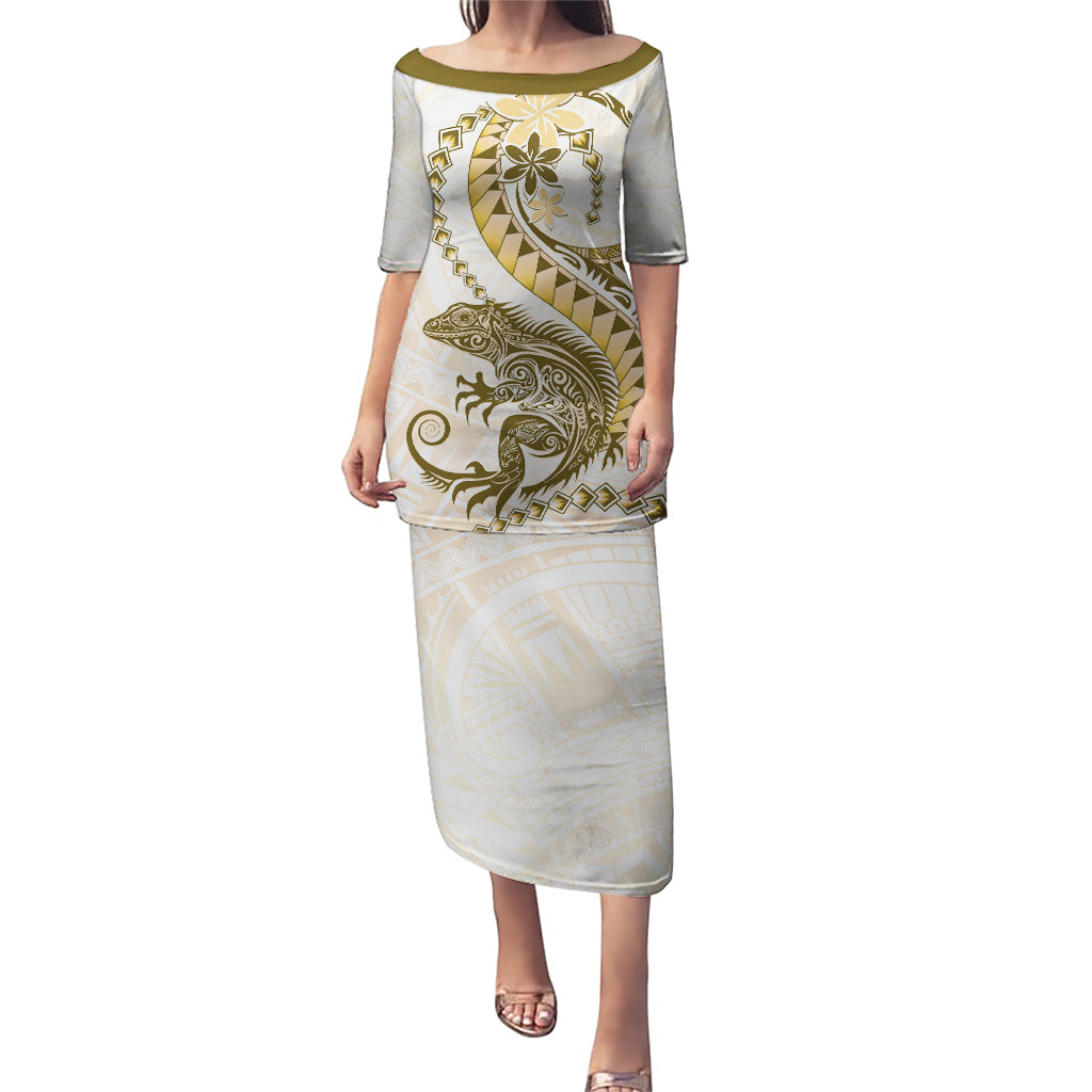 Gold Maori Tuatara Puletasi Luxury Pastel Pattern LT01 Long Dress Gold - Polynesian Pride
