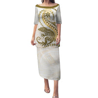 Gold Maori Tuatara Puletasi Luxury Pastel Pattern LT01 Long Dress Gold - Polynesian Pride