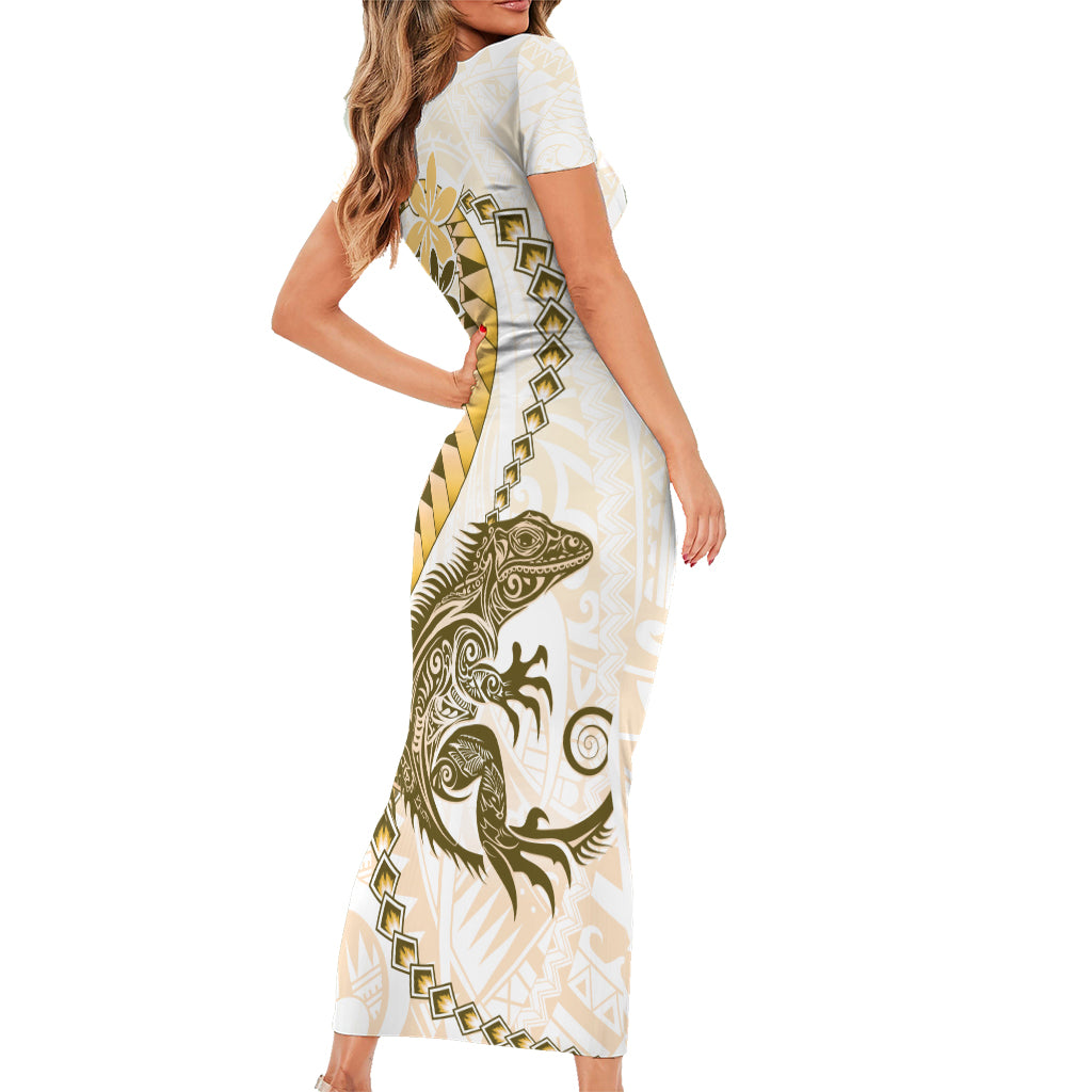 Gold Maori Tuatara Short Sleeve Bodycon Dress Luxury Pastel Pattern