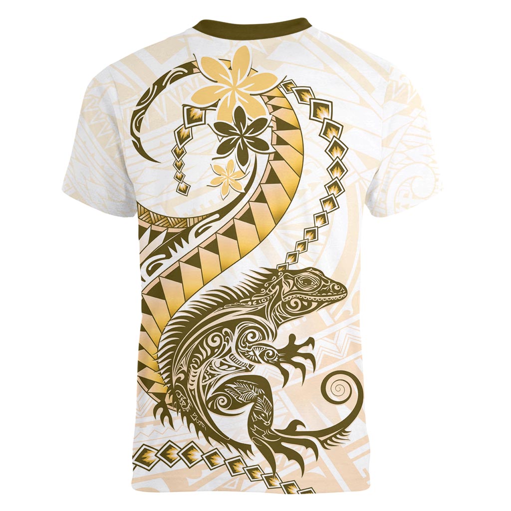 Gold Maori Tuatara Women V-Neck T-Shirt Luxury Pastel Pattern