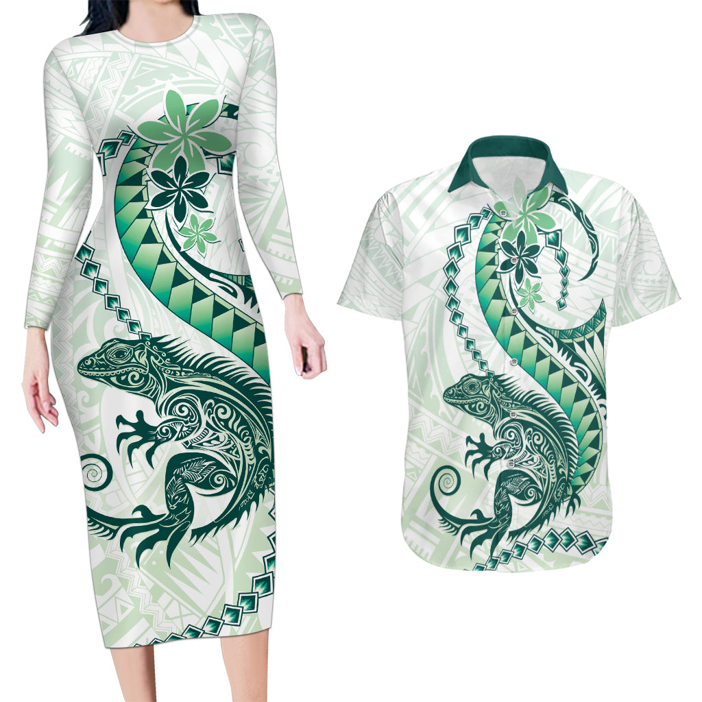 Green Maori Tuatara Couples Matching Long Sleeve Bodycon Dress and Hawaiian Shirt Luxury Pastel Pattern LT01 Green - Polynesian Pride