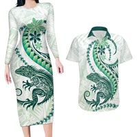 Green Maori Tuatara Couples Matching Long Sleeve Bodycon Dress and Hawaiian Shirt Luxury Pastel Pattern LT01 Green - Polynesian Pride