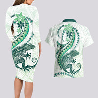Green Maori Tuatara Couples Matching Long Sleeve Bodycon Dress and Hawaiian Shirt Luxury Pastel Pattern LT01 - Polynesian Pride
