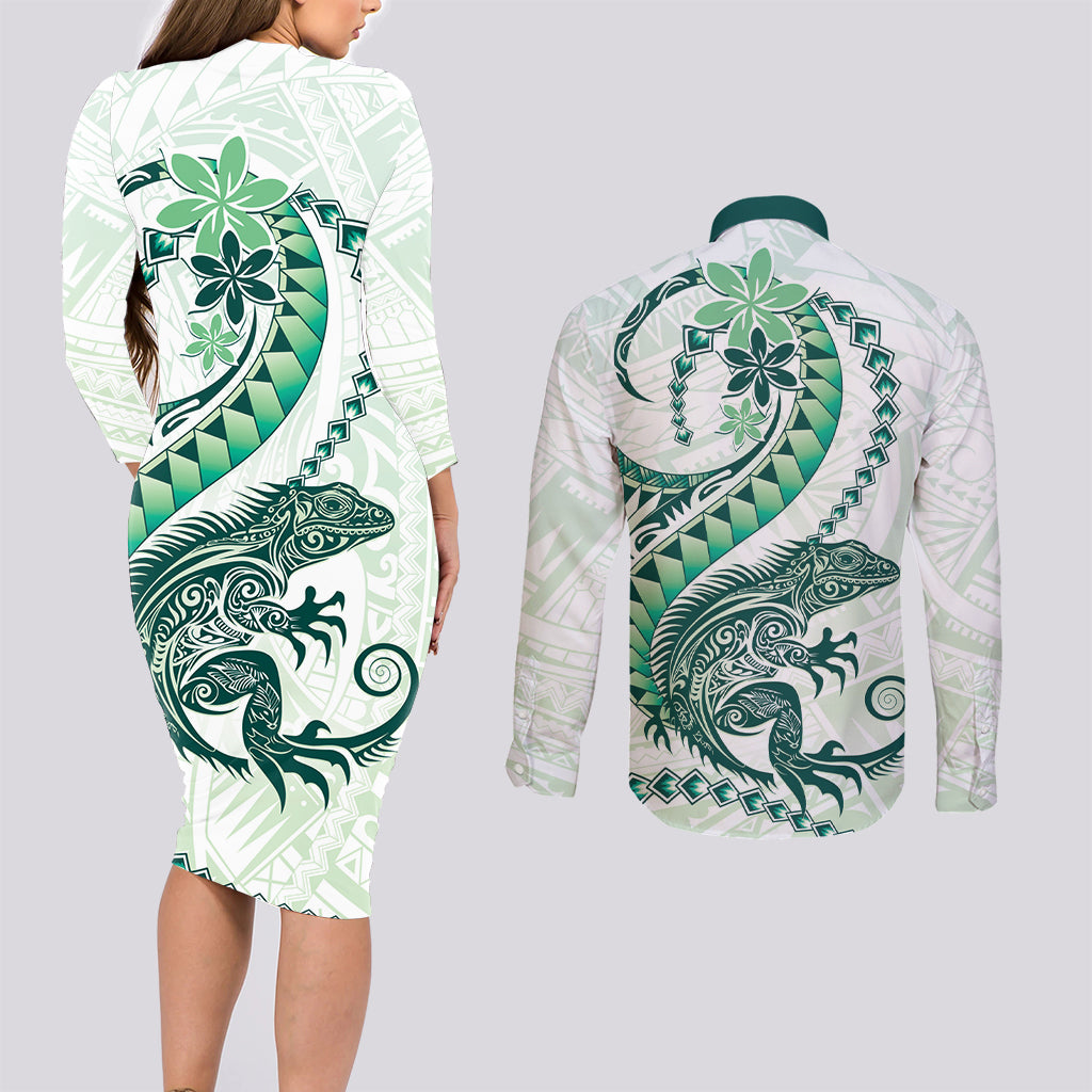 Green Maori Tuatara Couples Matching Long Sleeve Bodycon Dress and Long Sleeve Button Shirt Luxury Pastel Pattern LT01 - Polynesian Pride