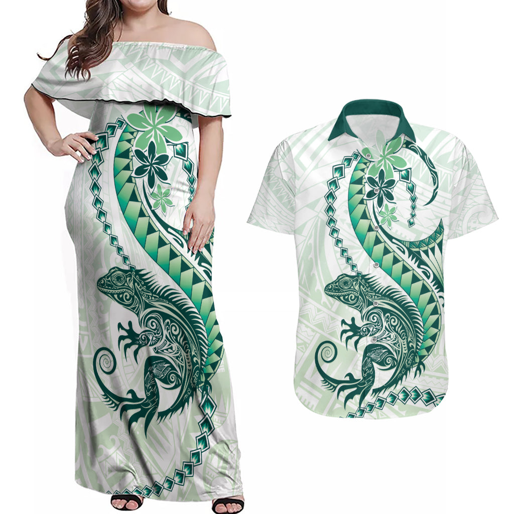 Green Maori Tuatara Couples Matching Off Shoulder Maxi Dress and Hawaiian Shirt Luxury Pastel Pattern