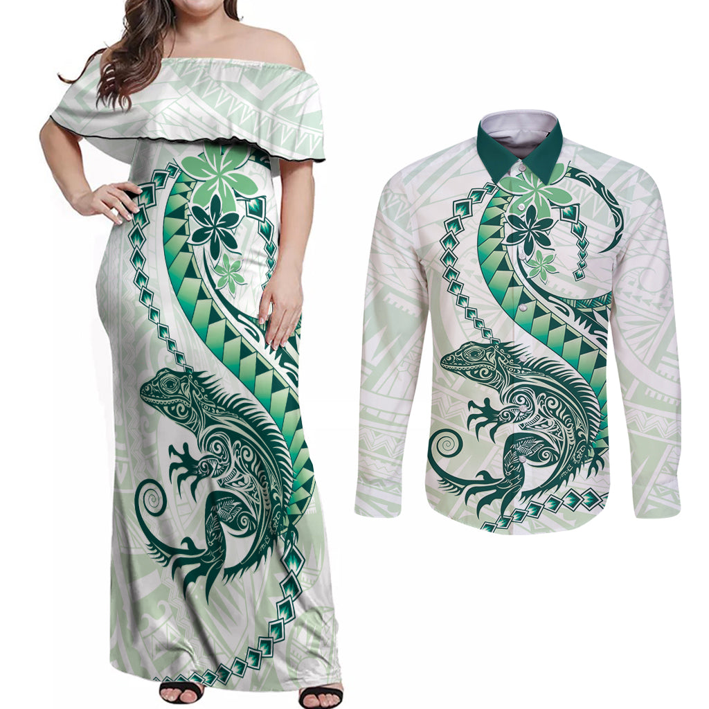 Green Maori Tuatara Couples Matching Off Shoulder Maxi Dress and Long Sleeve Button Shirt Luxury Pastel Pattern LT01 Green - Polynesian Pride
