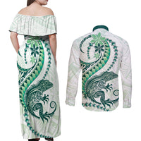 Green Maori Tuatara Couples Matching Off Shoulder Maxi Dress and Long Sleeve Button Shirt Luxury Pastel Pattern LT01 - Polynesian Pride