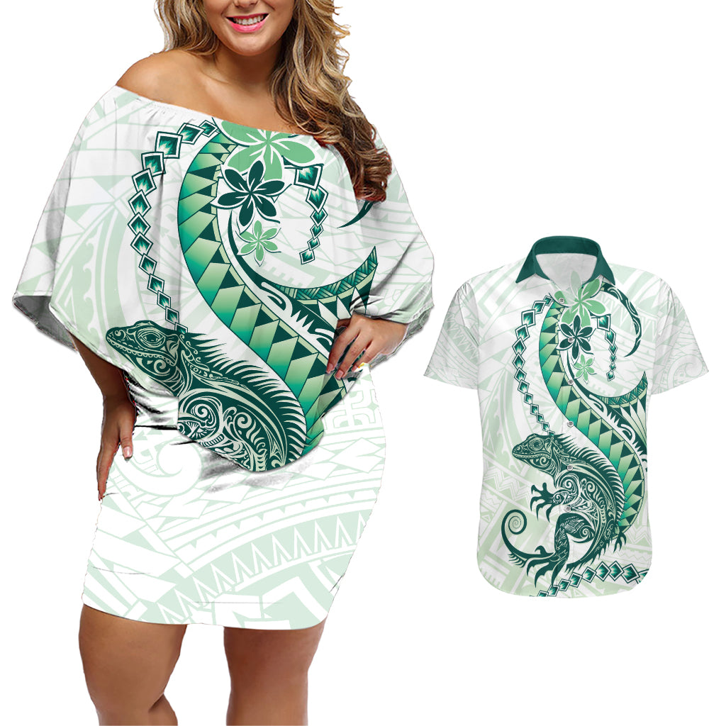 Green Maori Tuatara Couples Matching Off Shoulder Short Dress and Hawaiian Shirt Luxury Pastel Pattern LT01 Green - Polynesian Pride