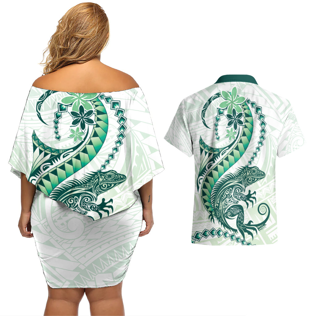 Green Maori Tuatara Couples Matching Off Shoulder Short Dress and Hawaiian Shirt Luxury Pastel Pattern LT01 - Polynesian Pride