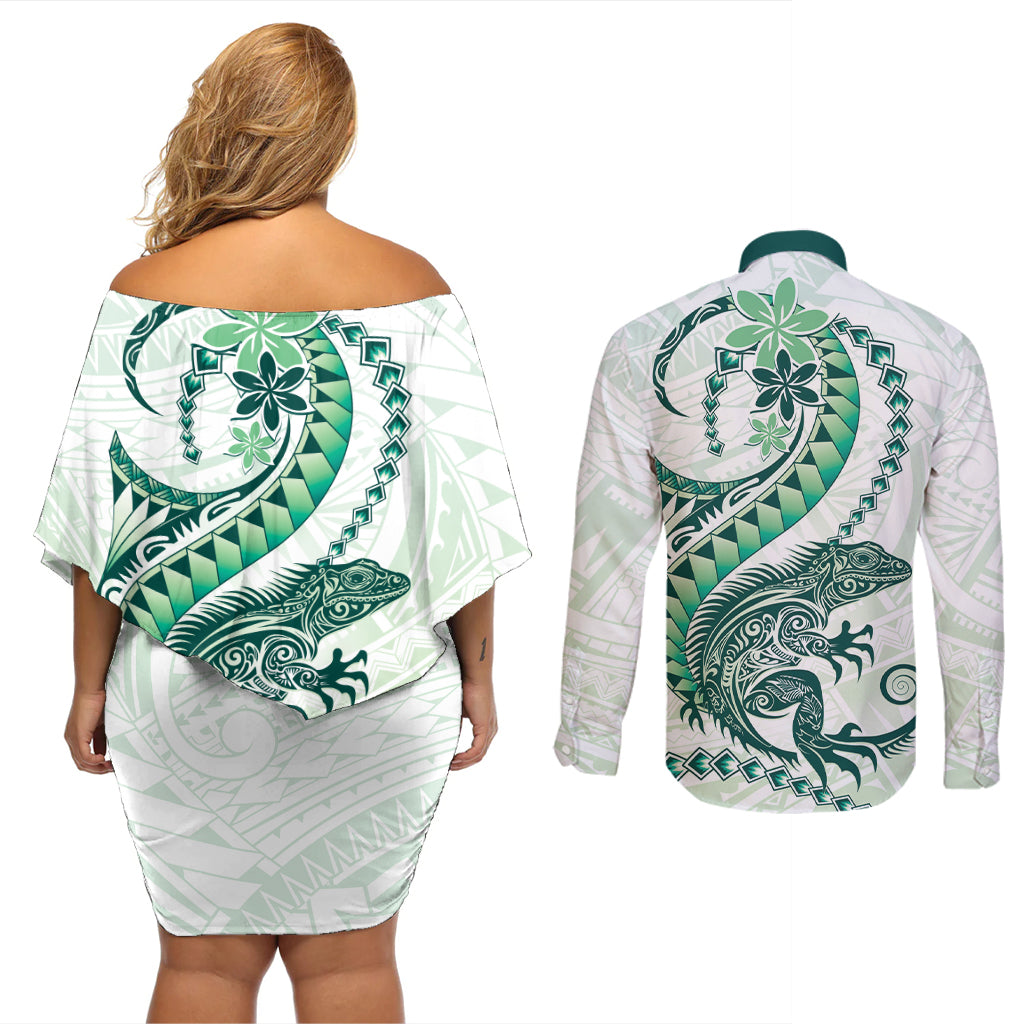 Green Maori Tuatara Couples Matching Off Shoulder Short Dress and Long Sleeve Button Shirt Luxury Pastel Pattern LT01 - Polynesian Pride