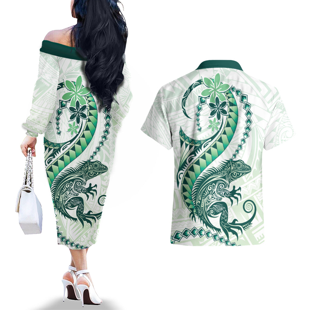 Green Maori Tuatara Couples Matching Off The Shoulder Long Sleeve Dress and Hawaiian Shirt Luxury Pastel Pattern LT01 - Polynesian Pride