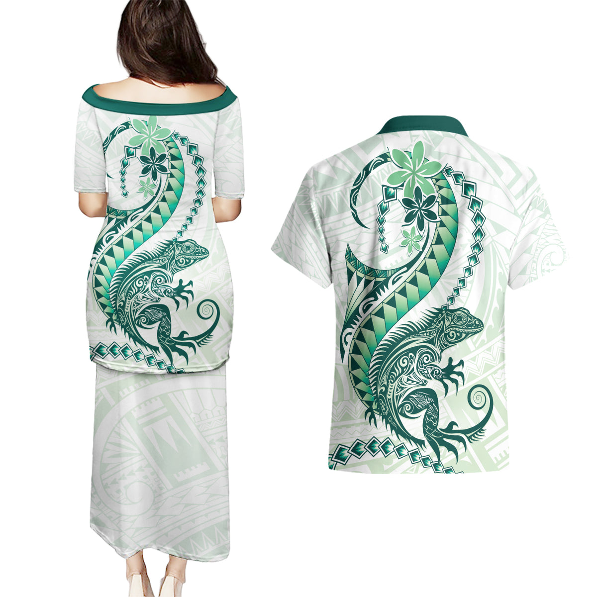Green Maori Tuatara Couples Matching Puletasi and Hawaiian Shirt Luxury Pastel Pattern LT01 - Polynesian Pride
