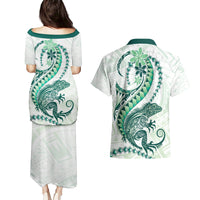 Green Maori Tuatara Couples Matching Puletasi and Hawaiian Shirt Luxury Pastel Pattern LT01 - Polynesian Pride