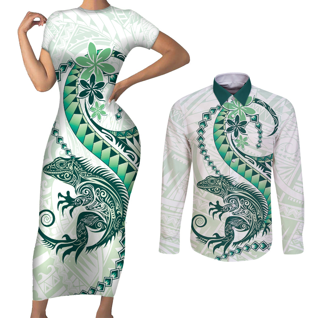 Green Maori Tuatara Couples Matching Short Sleeve Bodycon Dress and Long Sleeve Button Shirt Luxury Pastel Pattern LT01 Green - Polynesian Pride