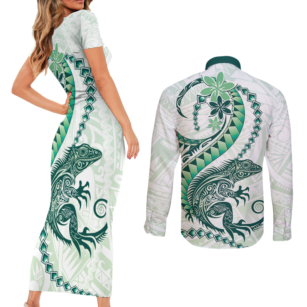 Green Maori Tuatara Couples Matching Short Sleeve Bodycon Dress and Long Sleeve Button Shirt Luxury Pastel Pattern LT01 - Polynesian Pride