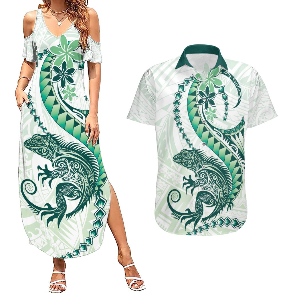 Green Maori Tuatara Couples Matching Summer Maxi Dress and Hawaiian Shirt Luxury Pastel Pattern LT01 Green - Polynesian Pride