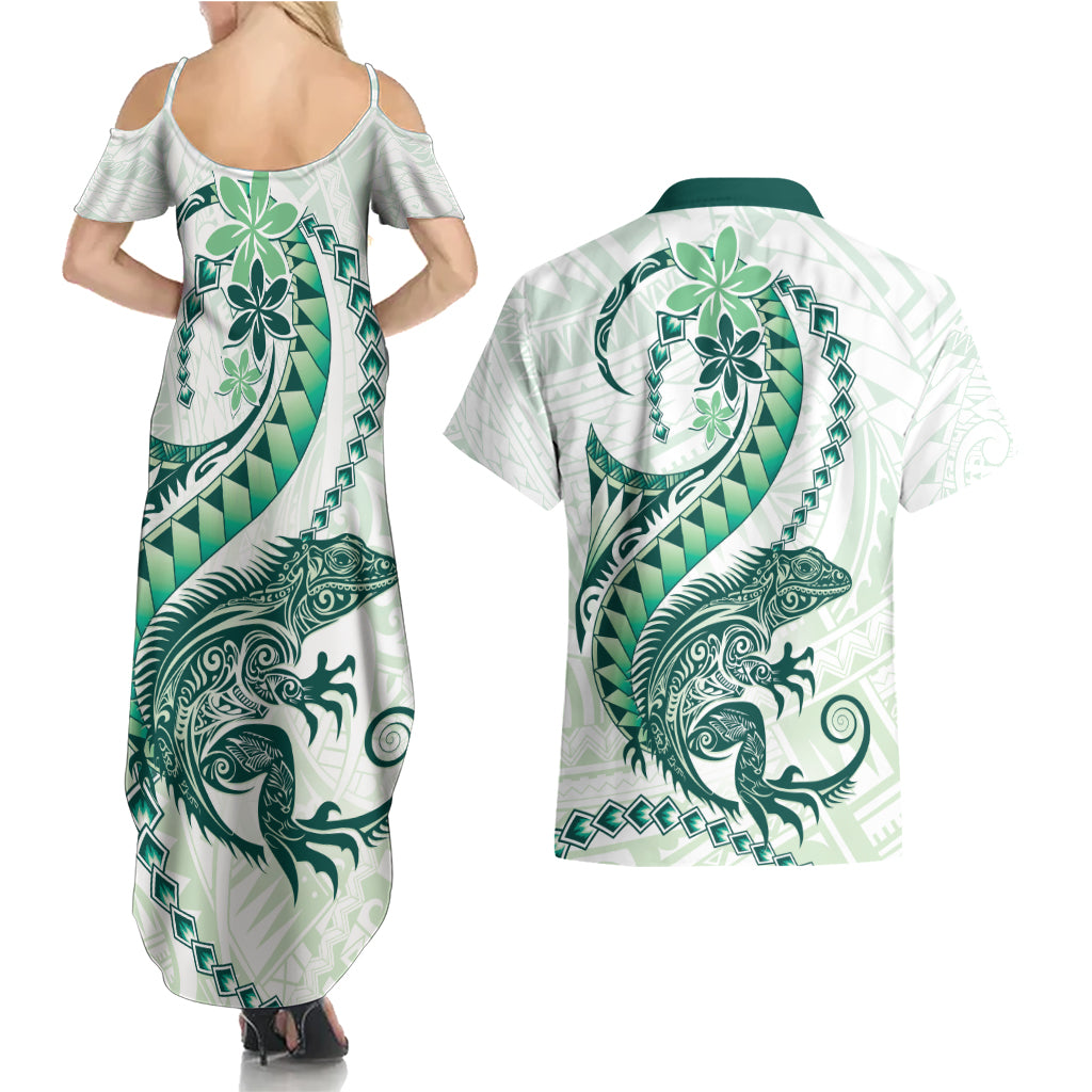Green Maori Tuatara Couples Matching Summer Maxi Dress and Hawaiian Shirt Luxury Pastel Pattern LT01 - Polynesian Pride
