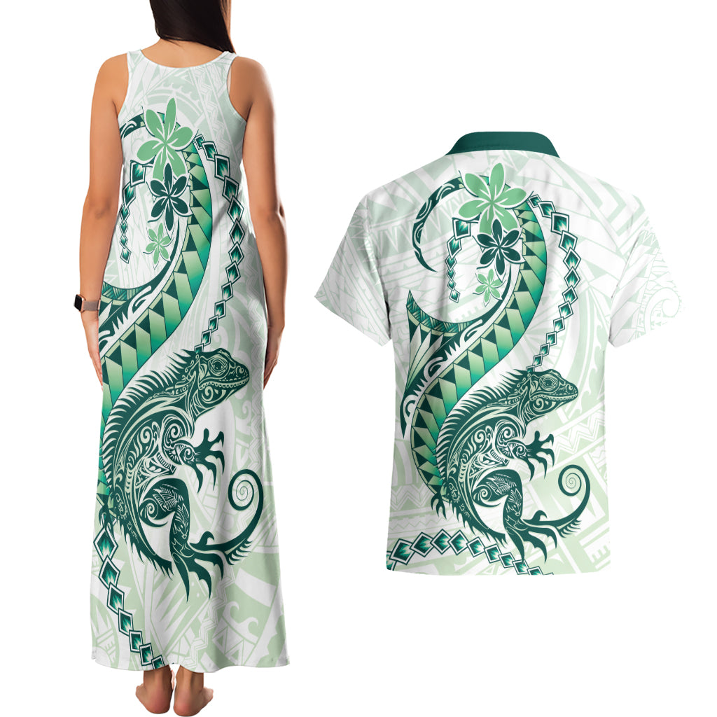 Green Maori Tuatara Couples Matching Tank Maxi Dress and Hawaiian Shirt Luxury Pastel Pattern LT01 - Polynesian Pride