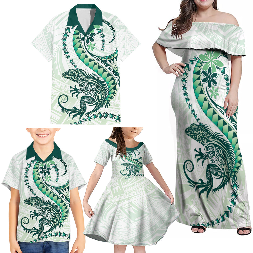 Green Maori Tuatara Family Matching Off Shoulder Maxi Dress and Hawaiian Shirt Luxury Pastel Pattern LT01 - Polynesian Pride