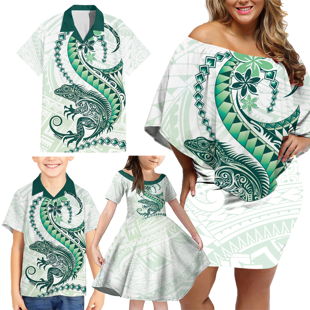 Green Maori Tuatara Family Matching Off Shoulder Short Dress and Hawaiian Shirt Luxury Pastel Pattern