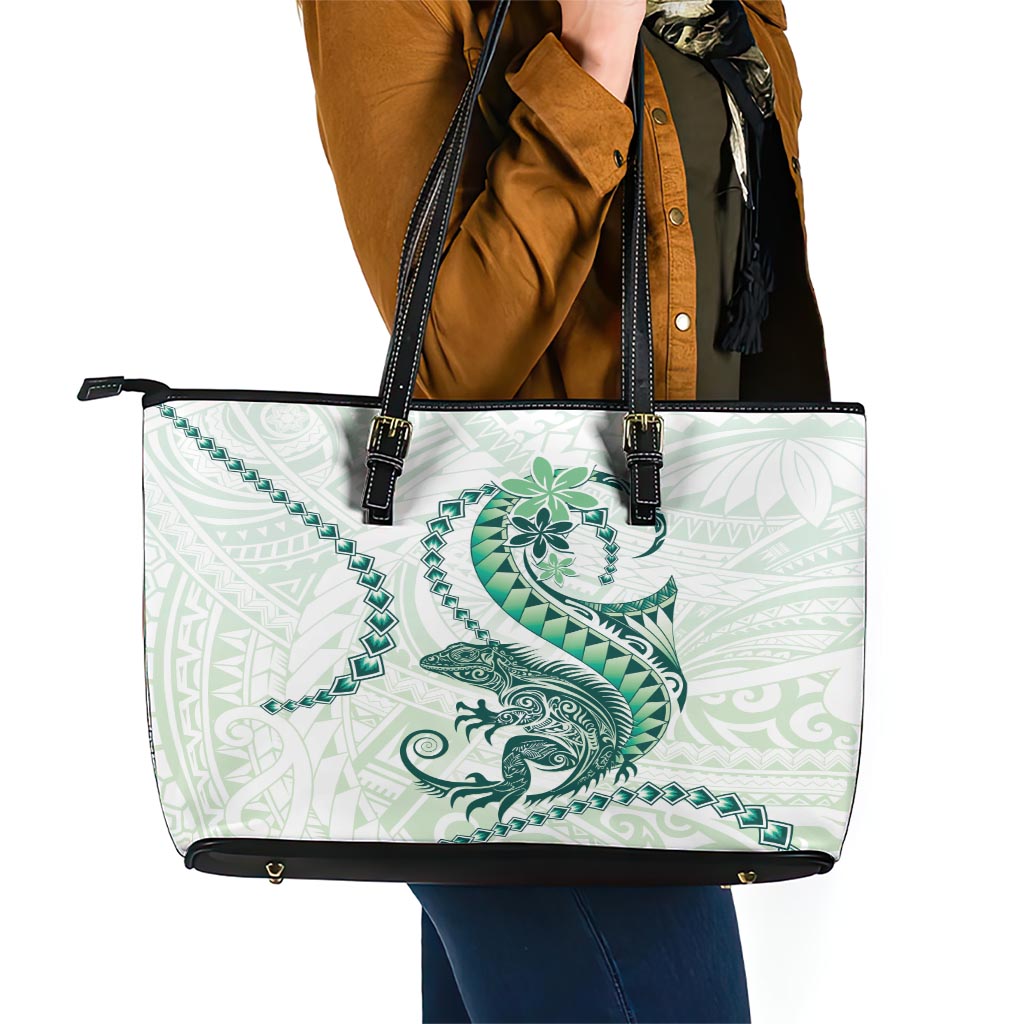 Green Maori Tuatara Leather Tote Bag Luxury Pastel Pattern LT01 - Polynesian Pride