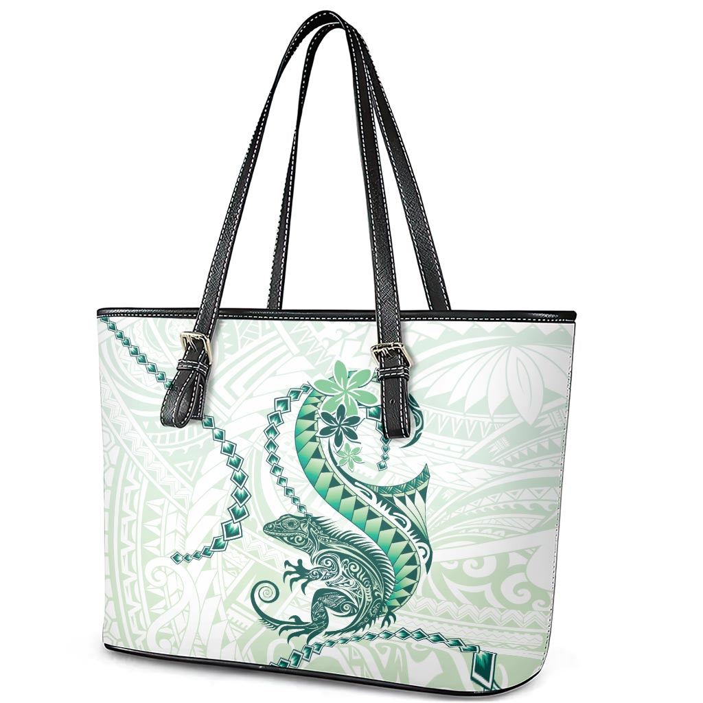 Green Maori Tuatara Leather Tote Bag Luxury Pastel Pattern LT01 - Polynesian Pride