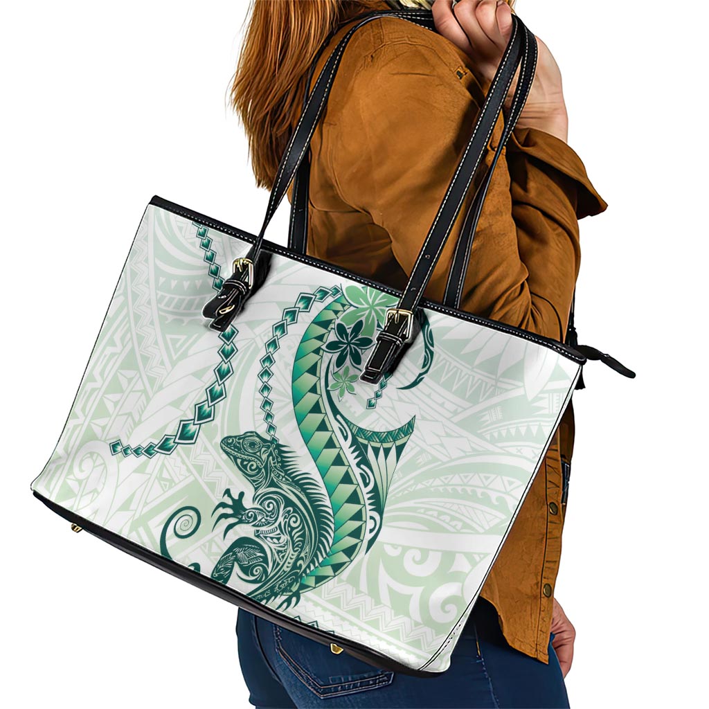 Green Maori Tuatara Leather Tote Bag Luxury Pastel Pattern LT01 - Polynesian Pride