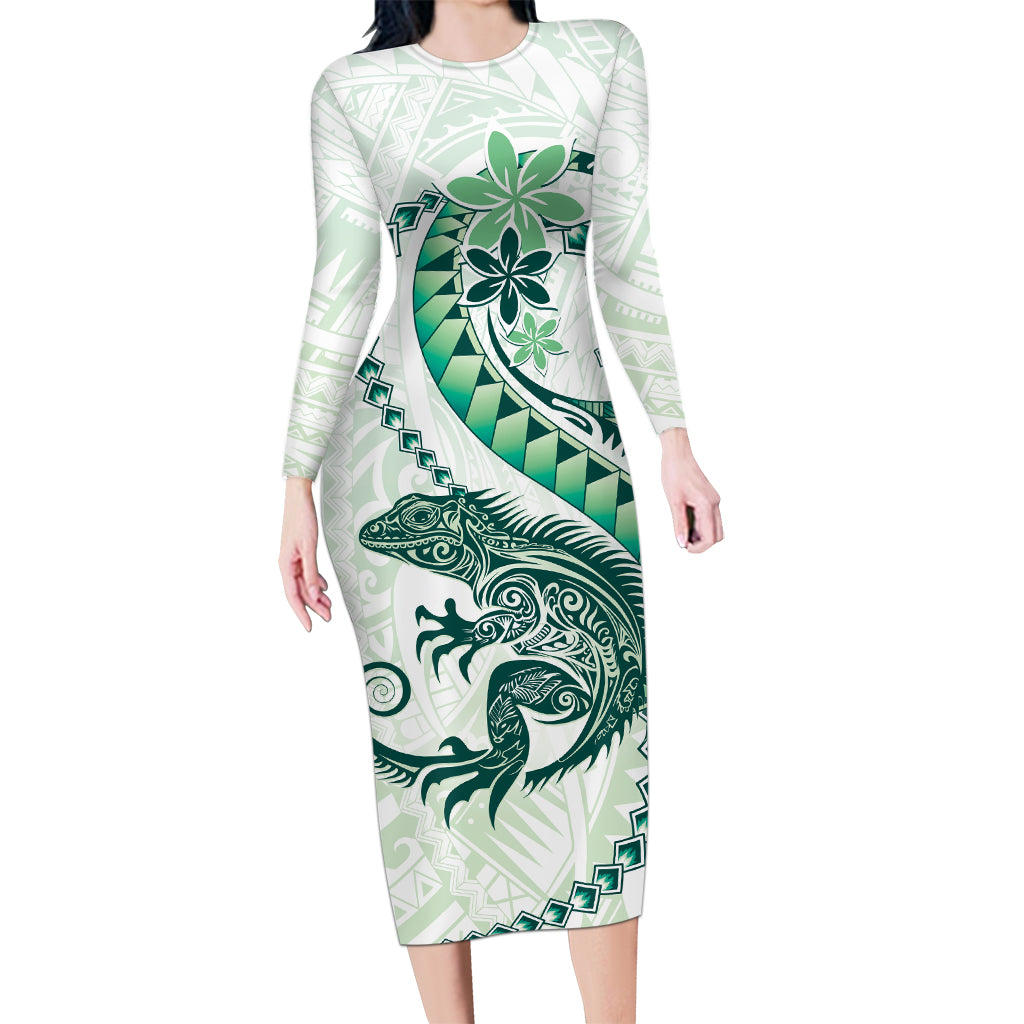 Green Maori Tuatara Long Sleeve Bodycon Dress Luxury Pastel Pattern