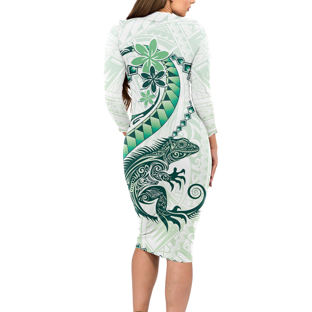 Green Maori Tuatara Long Sleeve Bodycon Dress Luxury Pastel Pattern