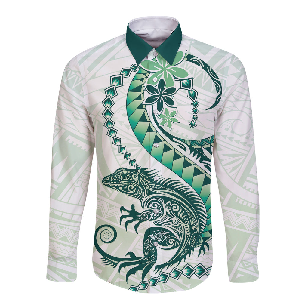 Green Maori Tuatara Long Sleeve Button Shirt Luxury Pastel Pattern
