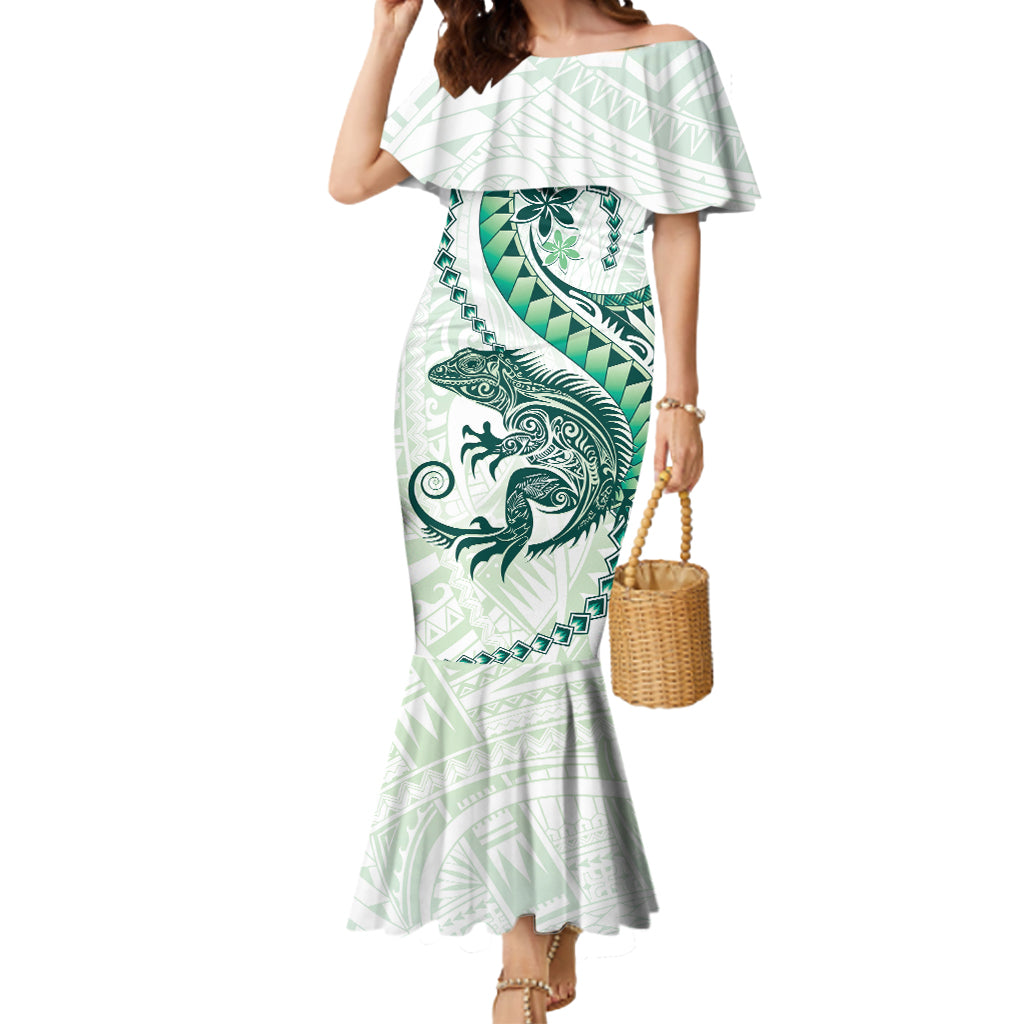 Green Maori Tuatara Mermaid Dress Luxury Pastel Pattern