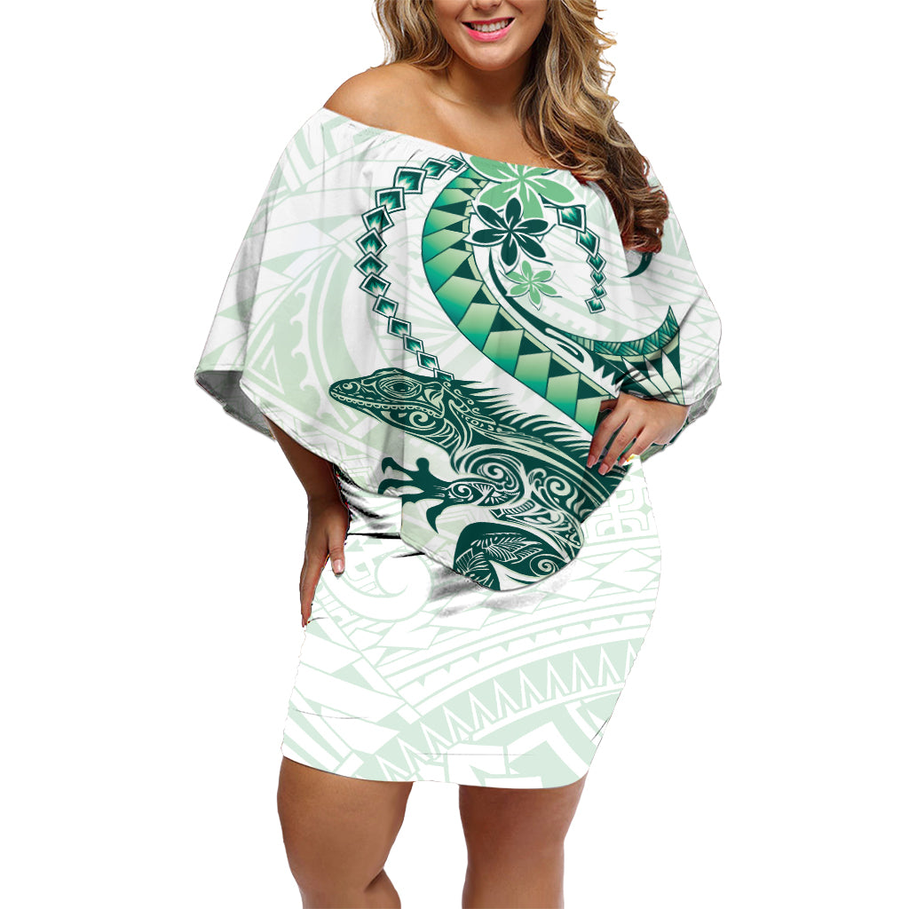 Green Maori Tuatara Off Shoulder Short Dress Luxury Pastel Pattern LT01 Women Green - Polynesian Pride