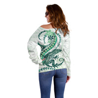Green Maori Tuatara Off Shoulder Sweater Luxury Pastel Pattern