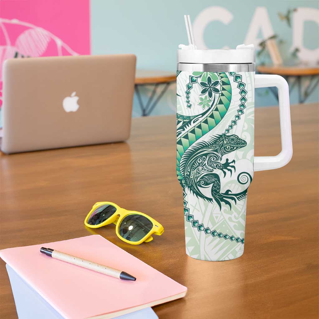 Green Maori Tuatara Tumbler With Handle Luxury Pastel Pattern LT01 - Polynesian Pride