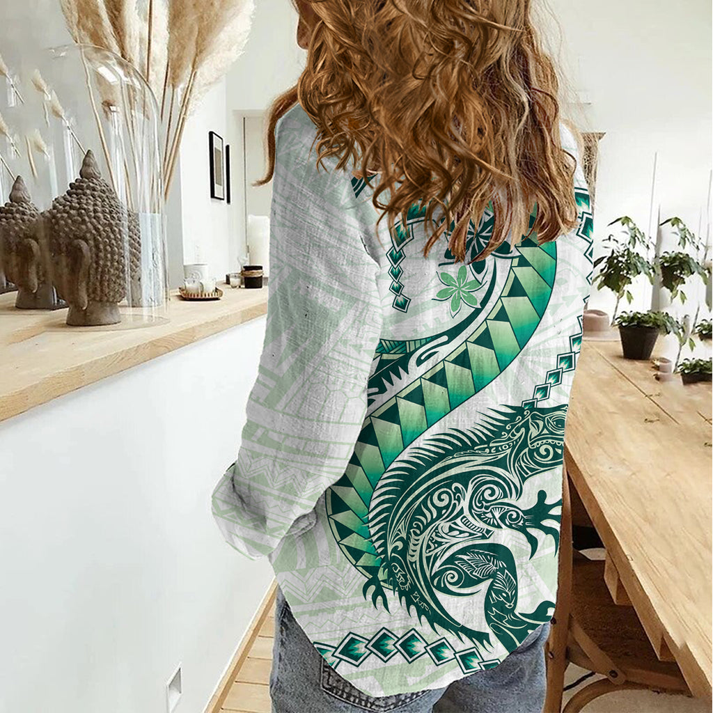Green Maori Tuatara Women Casual Shirt Luxury Pastel Pattern
