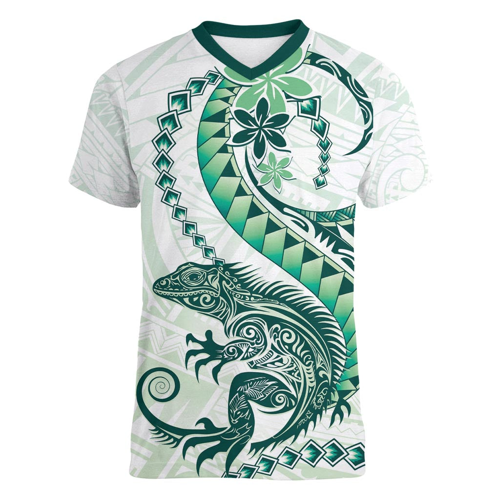 Green Maori Tuatara Women V-Neck T-Shirt Luxury Pastel Pattern