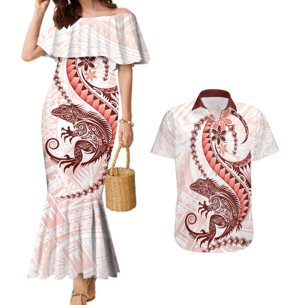 Red Maori Tuatara Couples Matching Mermaid Dress and Hawaiian Shirt Luxury Pastel Pattern