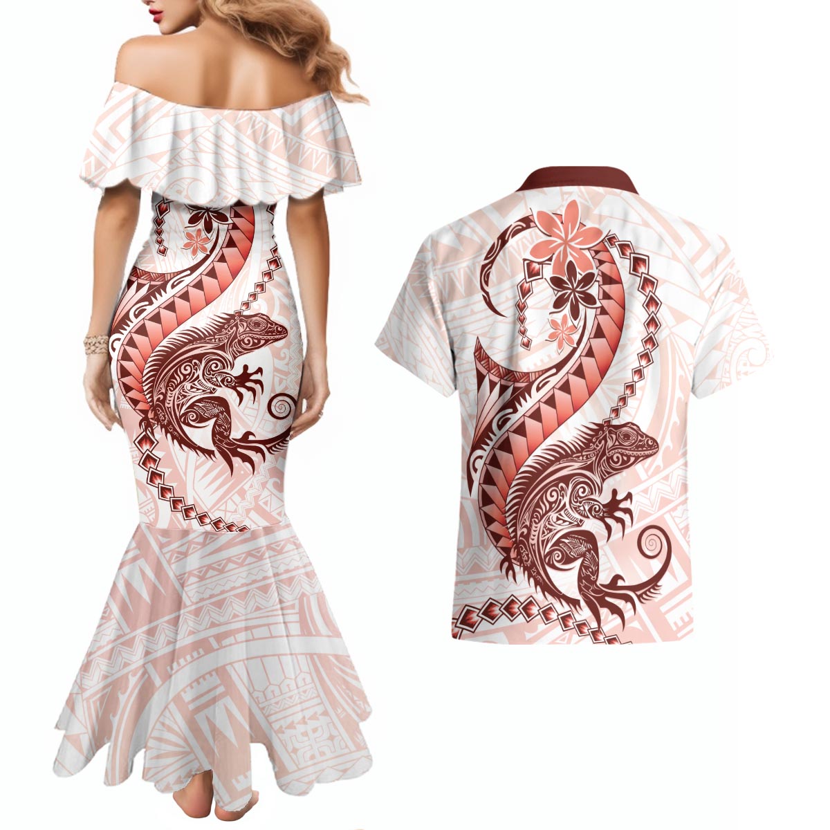 Red Maori Tuatara Couples Matching Mermaid Dress and Hawaiian Shirt Luxury Pastel Pattern