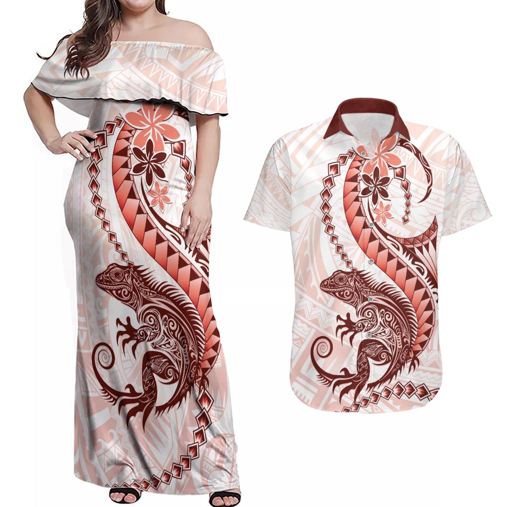 Red Maori Tuatara Couples Matching Off Shoulder Maxi Dress and Hawaiian Shirt Luxury Pastel Pattern