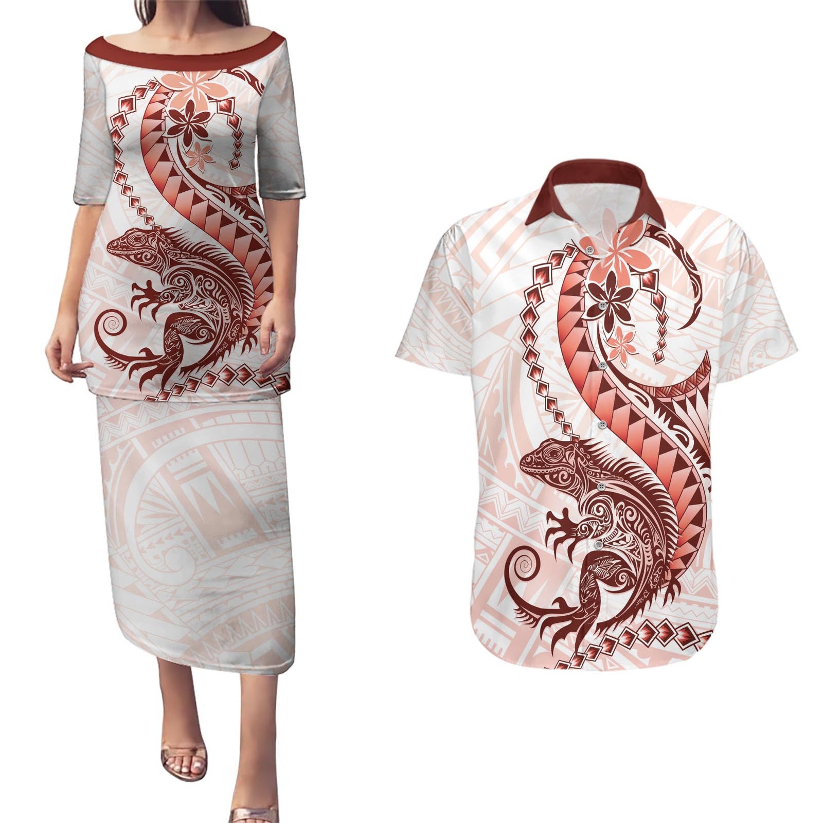 Red Maori Tuatara Couples Matching Puletasi and Hawaiian Shirt Luxury Pastel Pattern