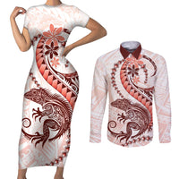 Red Maori Tuatara Couples Matching Short Sleeve Bodycon Dress and Long Sleeve Button Shirt Luxury Pastel Pattern