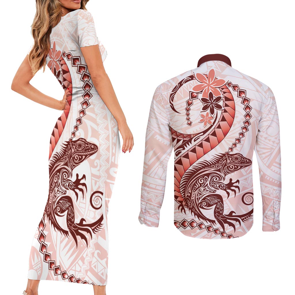 Red Maori Tuatara Couples Matching Short Sleeve Bodycon Dress and Long Sleeve Button Shirt Luxury Pastel Pattern