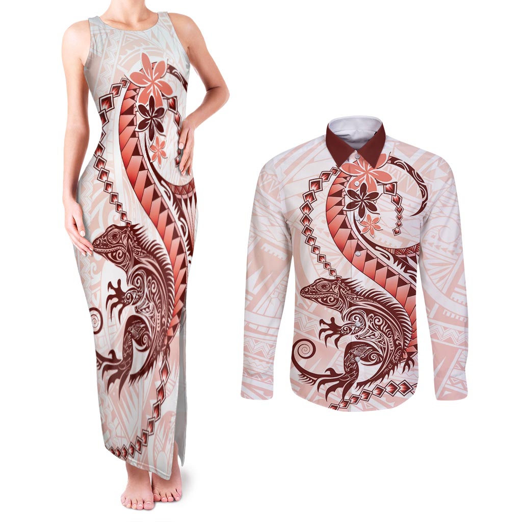 Red Maori Tuatara Couples Matching Tank Maxi Dress and Long Sleeve Button Shirt Luxury Pastel Pattern