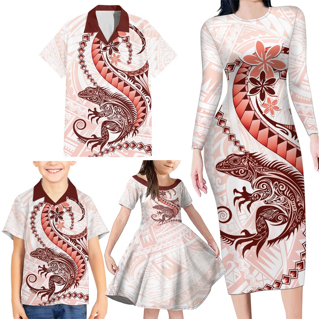 Red Maori Tuatara Family Matching Long Sleeve Bodycon Dress and Hawaiian Shirt Luxury Pastel Pattern LT01 - Polynesian Pride