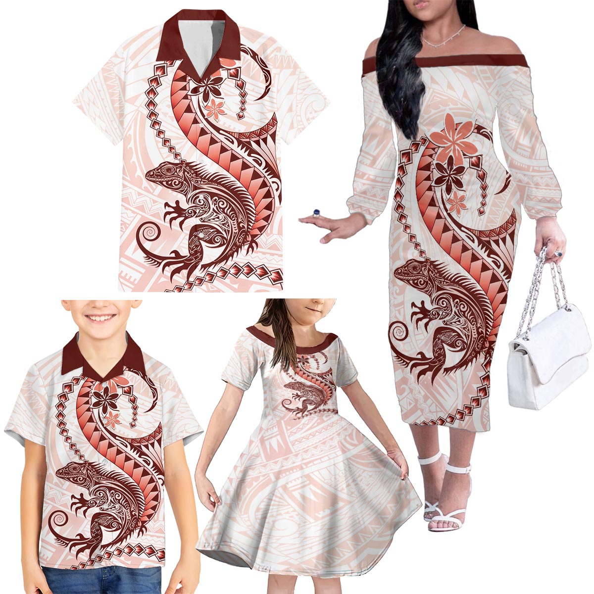Red Maori Tuatara Family Matching Off The Shoulder Long Sleeve Dress and Hawaiian Shirt Luxury Pastel Pattern LT01 - Polynesian Pride