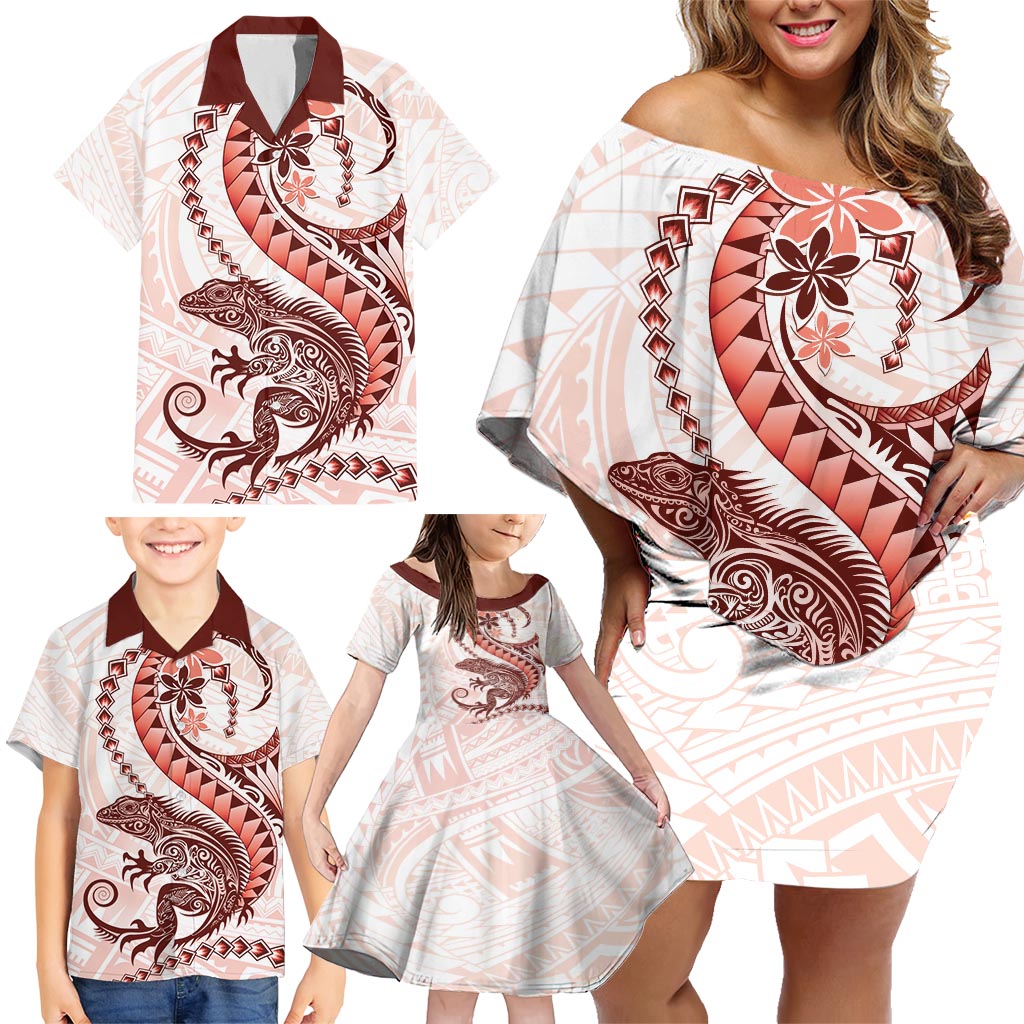 Red Maori Tuatara Family Matching Off Shoulder Short Dress and Hawaiian Shirt Luxury Pastel Pattern