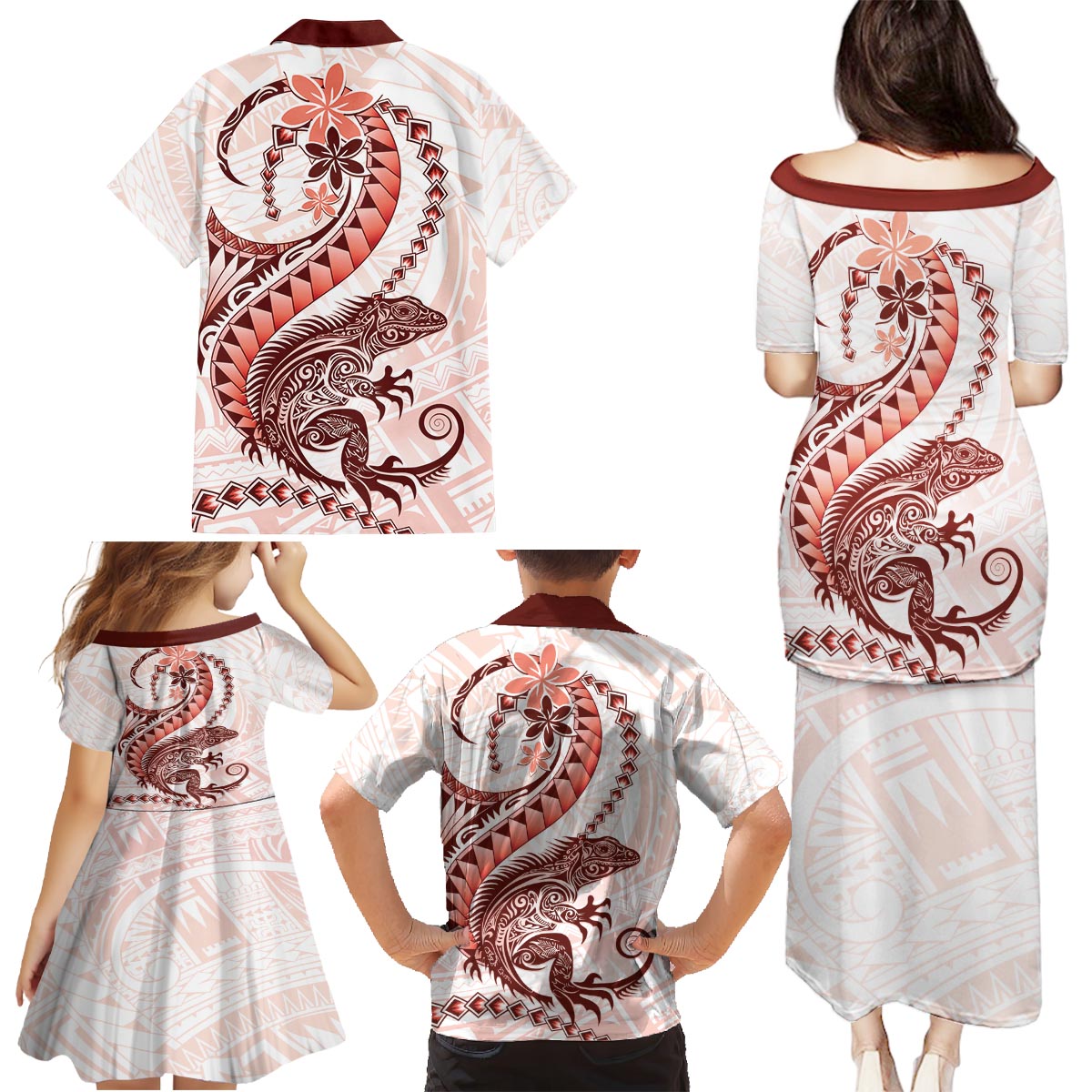 Red Maori Tuatara Family Matching Puletasi and Hawaiian Shirt Luxury Pastel Pattern LT01 - Polynesian Pride